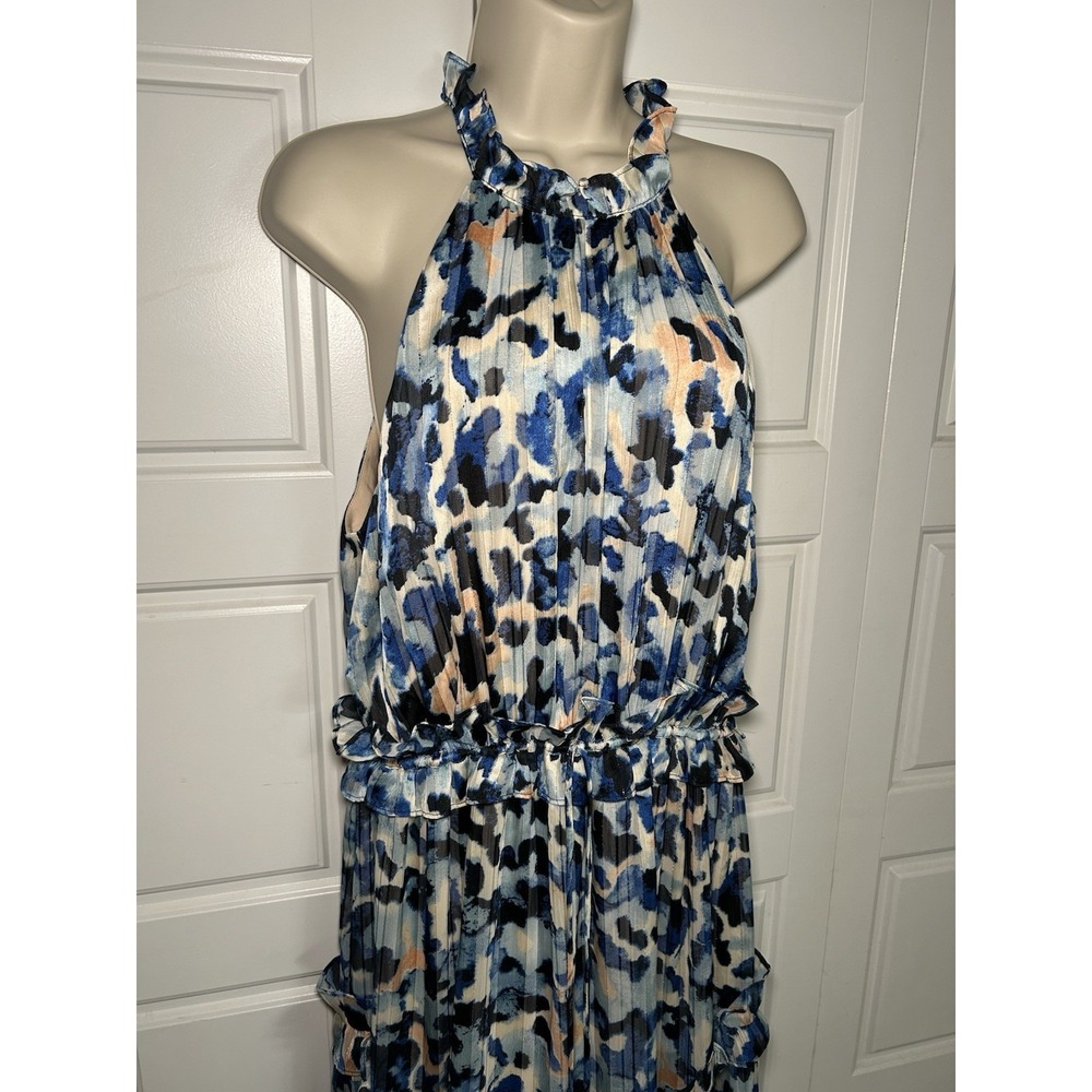 ELLIATT Halter Maxi Dress L Blue Metallic Watercolor Formal Wedding Guest NWT